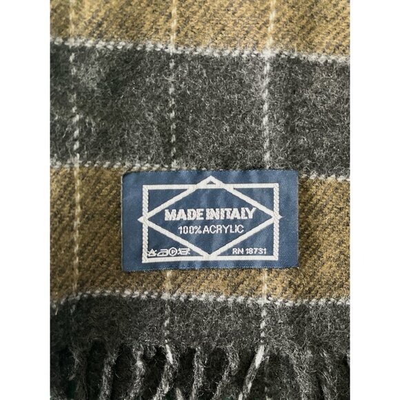 Vintage Made in Italy Plaid Fringe Scarf Gray Brown 100% Acrylic 50x12 - Picture 2 of 3